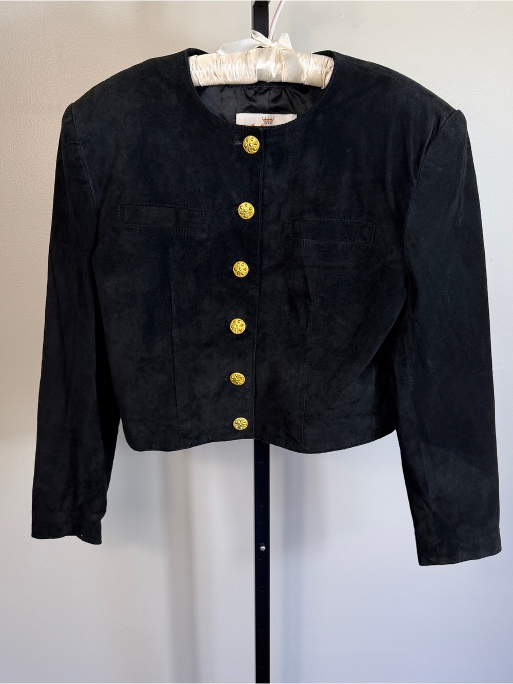 VTG Paolo Gucci Black Suede Leather Ornate Gold Tone Button Up Jacket L
